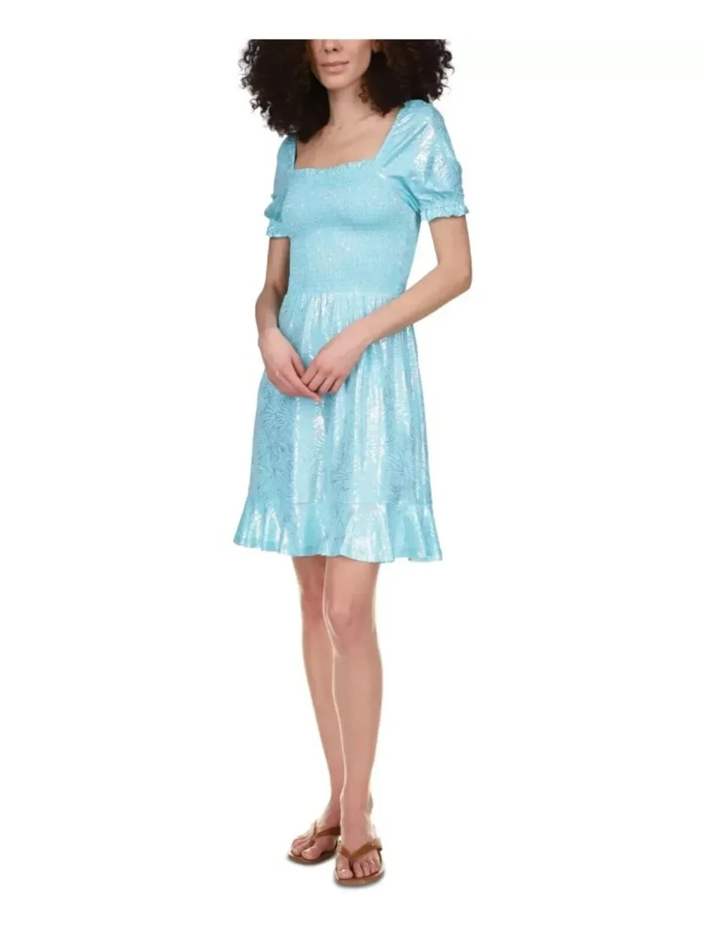 Michael Kors Shiny Foil-Print Smocked Peasant Dress Turquoise Blue Size S $125